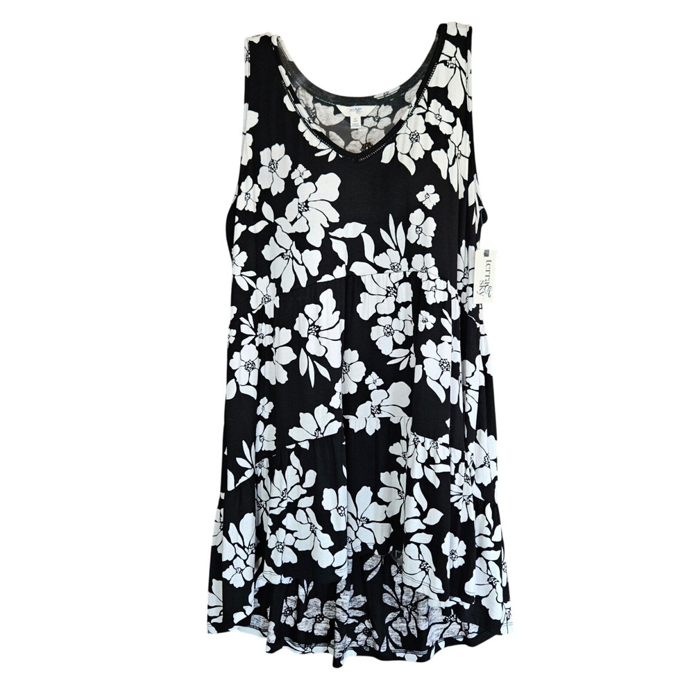 Terra & Sky Women 0X 14W Black White Floral Tiered Tank Top High-Low Sleeveless